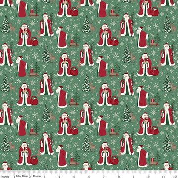 Image of Christmas Time Main Green quilting cotton fabric by Dani Mogstad for Riley Blake Designs. Features Santas on a green background. Cute Little Fabric Shop.