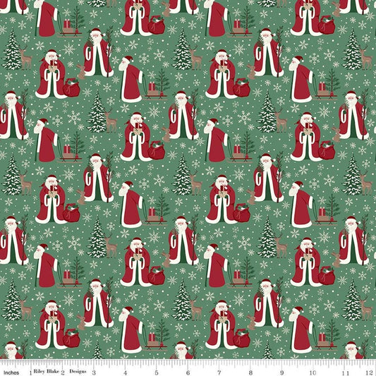 Image of Christmas Time Main Green quilting cotton fabric by Dani Mogstad for Riley Blake Designs. Features Santas on a green background. Cute Little Fabric Shop.