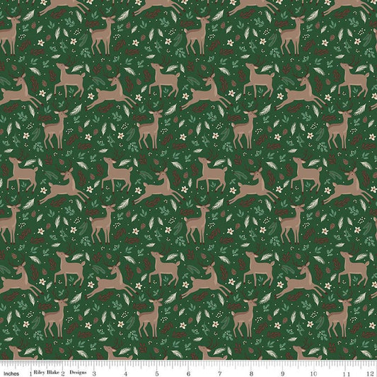 Image of Christmas Time Deer Forest quilting cotton fabric by Dani Mogstad for Riley Blake Designs. Features deer on a green background. Cute Little Fabric Shop.
