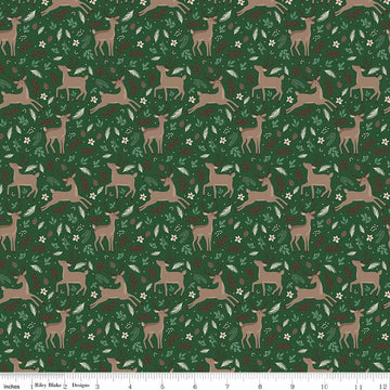 Image of Christmas Time Deer Forest quilting cotton fabric by Dani Mogstad for Riley Blake Designs. Features deer on a green background. Cute Little Fabric Shop.
