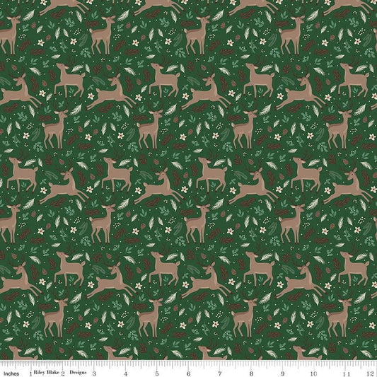 Image of Christmas Time Deer Forest quilting cotton fabric by Dani Mogstad for Riley Blake Designs. Features deer on a green background. Cute Little Fabric Shop.