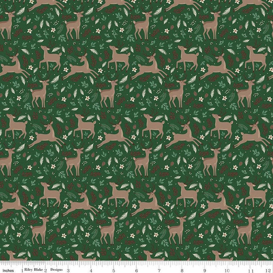 Image of Christmas Time Deer Forest quilting cotton fabric by Dani Mogstad for Riley Blake Designs. Features deer on a green background. Cute Little Fabric Shop.