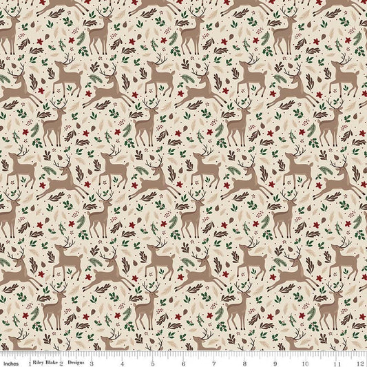 Image of Christmas Time Deer Linen quilting cotton fabric by Dani Mogstad for Riley Blake Designs. Features deer on a cream background. Cute Little Fabric Shop.