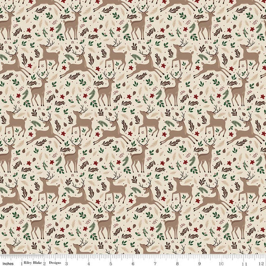 Image of Christmas Time Deer Linen quilting cotton fabric by Dani Mogstad for Riley Blake Designs. Features deer on a cream background. Cute Little Fabric Shop.
