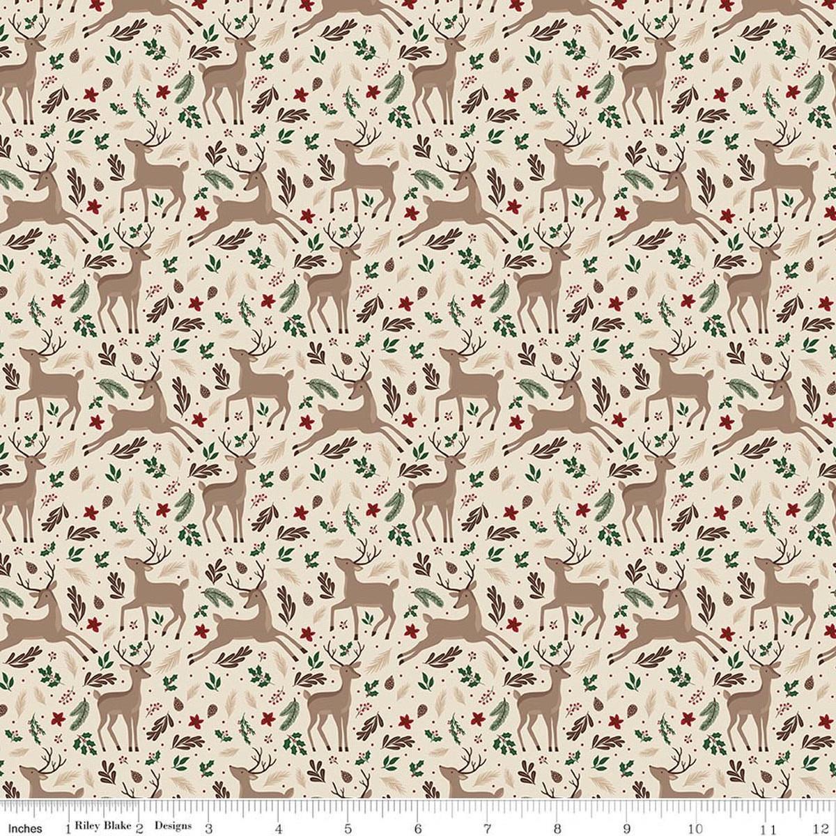 Image of Christmas Time Deer Linen quilting cotton fabric by Dani Mogstad for Riley Blake Designs. Features deer on a cream background. Cute Little Fabric Shop.