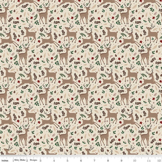 Image of Christmas Time Deer Linen quilting cotton fabric by Dani Mogstad for Riley Blake Designs. Features deer on a cream background. Cute Little Fabric Shop.