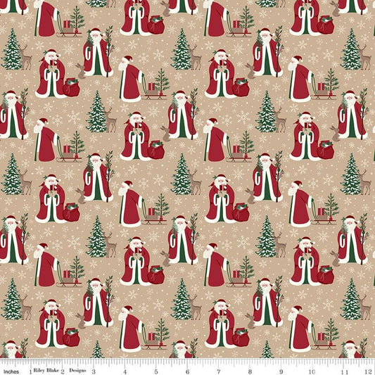 Image of Christmas Time Main Tan quilting cotton fabric by Dani Mogstad for Riley Blake Designs. Features Santas on a tan background. Cute Little Fabric Shop.