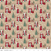 Image of Christmas Time Main Tan quilting cotton fabric by Dani Mogstad for Riley Blake Designs. Features Santas on a tan background. Cute Little Fabric Shop.