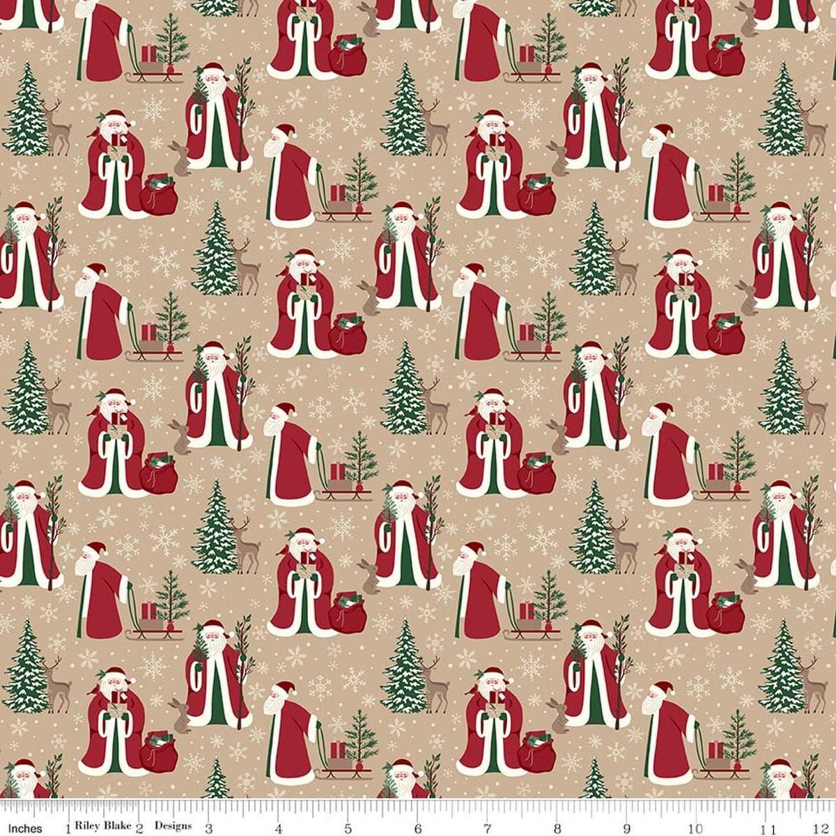 Image of Christmas Time Main Tan quilting cotton fabric by Dani Mogstad for Riley Blake Designs. Features Santas on a tan background. Cute Little Fabric Shop.