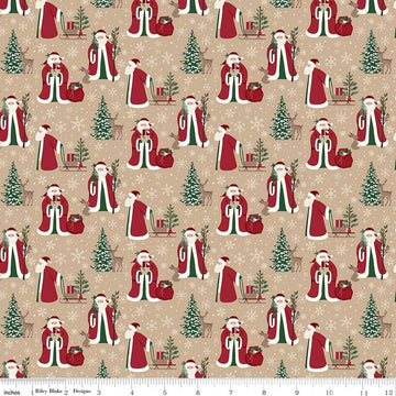 Image of Christmas Time Main Tan quilting cotton fabric by Dani Mogstad for Riley Blake Designs. Features Santas on a tan background. Cute Little Fabric Shop.