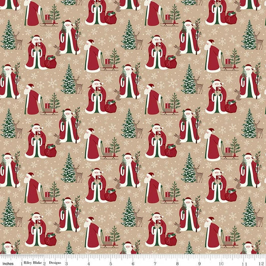 Image of Christmas Time Main Tan quilting cotton fabric by Dani Mogstad for Riley Blake Designs. Features Santas on a tan background. Cute Little Fabric Shop.