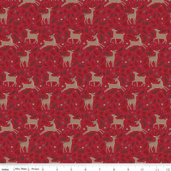 Image of Christmas Time Deer Red quilting cotton fabric by Dani Mogstad for Riley Blake Designs. Features deer on a red background. Cute Little Fabric Shop.