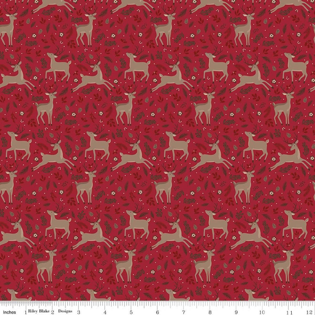 Image of Christmas Time Deer Red quilting cotton fabric by Dani Mogstad for Riley Blake Designs. Features deer on a red background. Cute Little Fabric Shop.