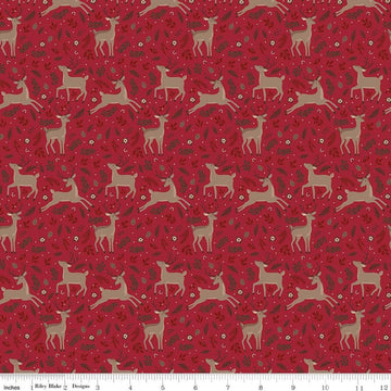 Image of Christmas Time Deer Red quilting cotton fabric by Dani Mogstad for Riley Blake Designs. Features deer on a red background. Cute Little Fabric Shop.