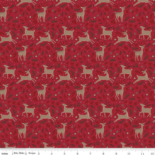 Image of Christmas Time Deer Red quilting cotton fabric by Dani Mogstad for Riley Blake Designs. Features deer on a red background. Cute Little Fabric Shop.