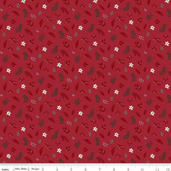 Image of Christmas Time Foliage Red quilting cotton fabric by Dani Mogstad for Riley Blake Designs. Features leaves on a red background. Cute Little Fabric Shop.