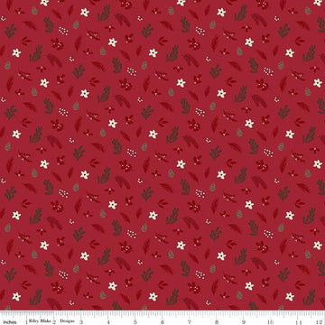 Image of Christmas Time Foliage Red quilting cotton fabric by Dani Mogstad for Riley Blake Designs. Features leaves on a red background. Cute Little Fabric Shop.