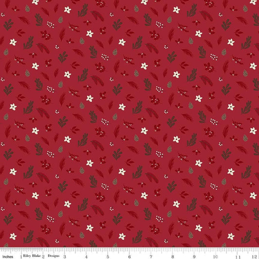 Image of Christmas Time Foliage Red quilting cotton fabric by Dani Mogstad for Riley Blake Designs. Features leaves on a red background. Cute Little Fabric Shop.