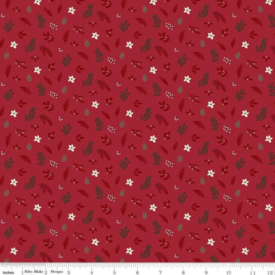 Image of Christmas Time Foliage Red quilting cotton fabric by Dani Mogstad for Riley Blake Designs. Features leaves on a red background. Cute Little Fabric Shop.