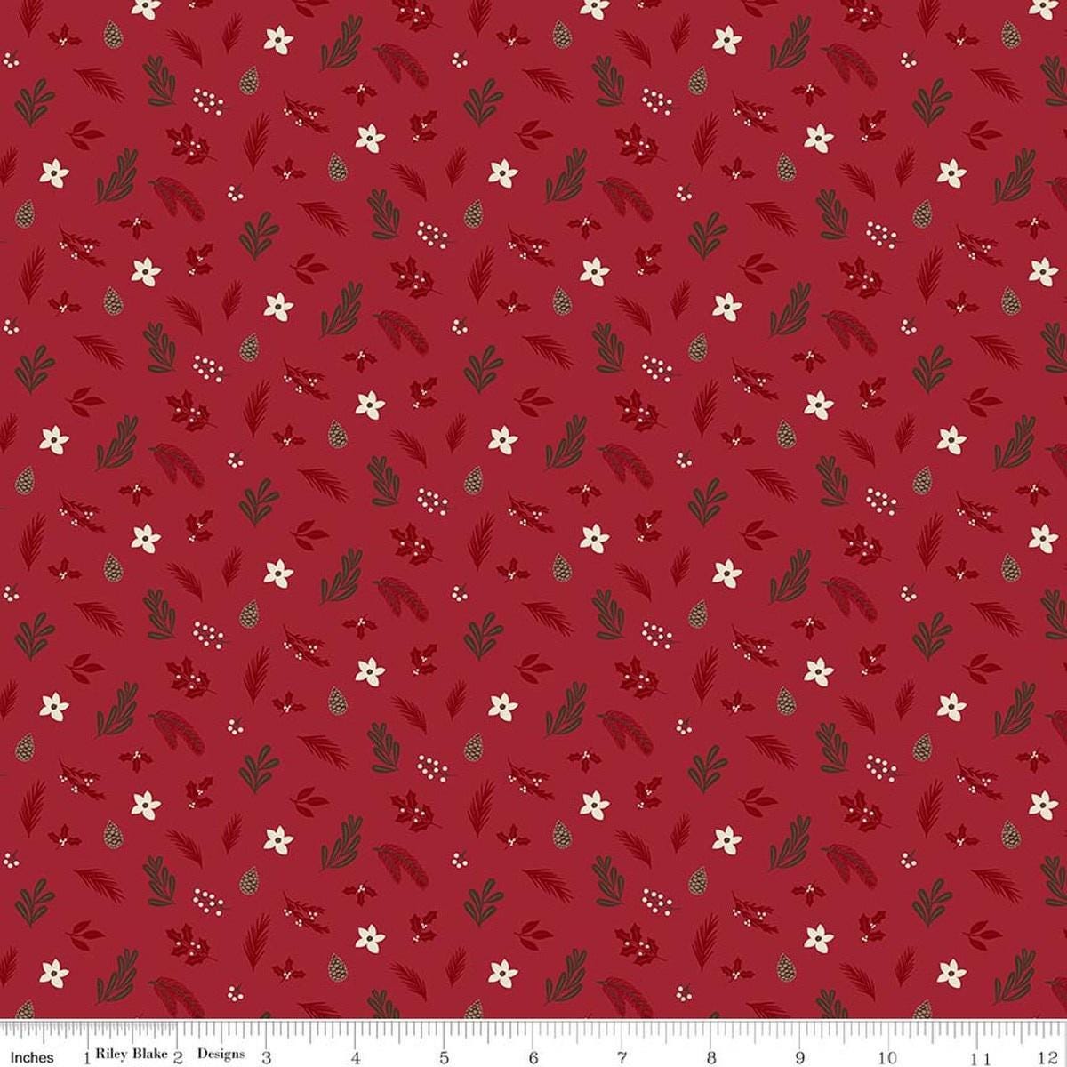 Image of Christmas Time Foliage Red quilting cotton fabric by Dani Mogstad for Riley Blake Designs. Features leaves on a red background. Cute Little Fabric Shop.
