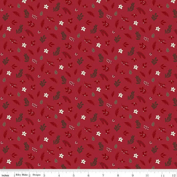 Image of Christmas Time Foliage Red quilting cotton fabric by Dani Mogstad for Riley Blake Designs. Features leaves on a red background. Cute Little Fabric Shop.
