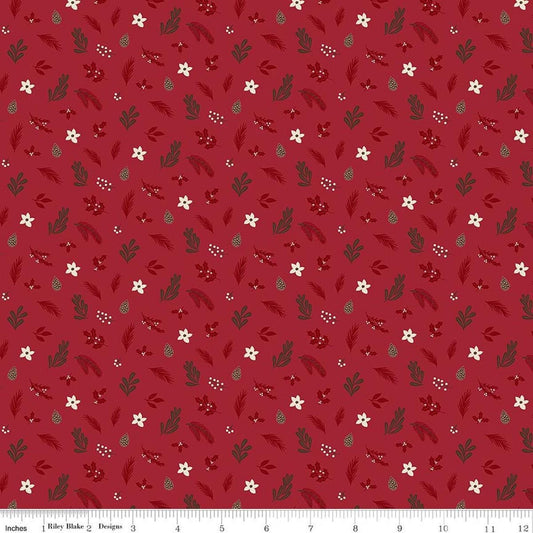 Image of Christmas Time Foliage Red quilting cotton fabric by Dani Mogstad for Riley Blake Designs. Features leaves on a red background. Cute Little Fabric Shop.