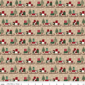 Image of Christmas Time Sleds Tan quilting cotton fabric by Dani Mogstad for Riley Blake Designs. Features presents on a tan background. Cute Little Fabric Shop.