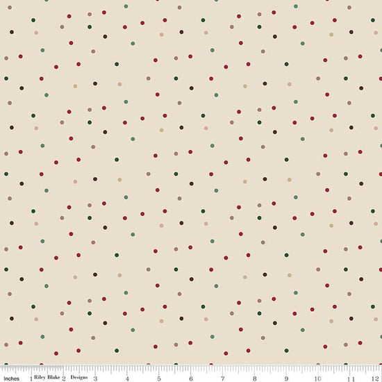Image of Christmas Time Dots Linen quilting cotton fabric by Dani Mogstad for Riley Blake Designs. Features polka dots on a cream background. Cute Little Fabric Shop.
