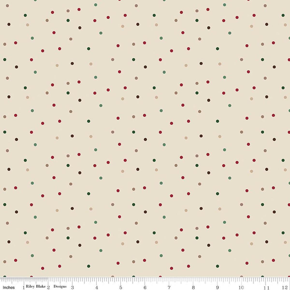 Image of Christmas Time Dots Linen quilting cotton fabric by Dani Mogstad for Riley Blake Designs. Features polka dots on a cream background. Cute Little Fabric Shop.