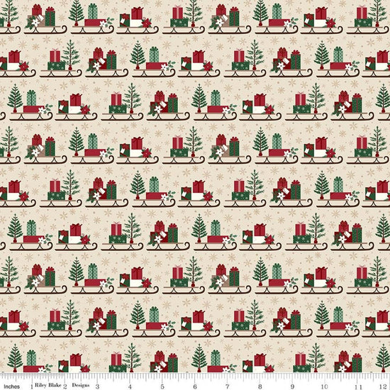 Image of Christmas Time Sleds Linen quilting cotton fabric by Dani Mogstad for Riley Blake Designs. Features presents on a cream background. Cute Little Fabric Shop.