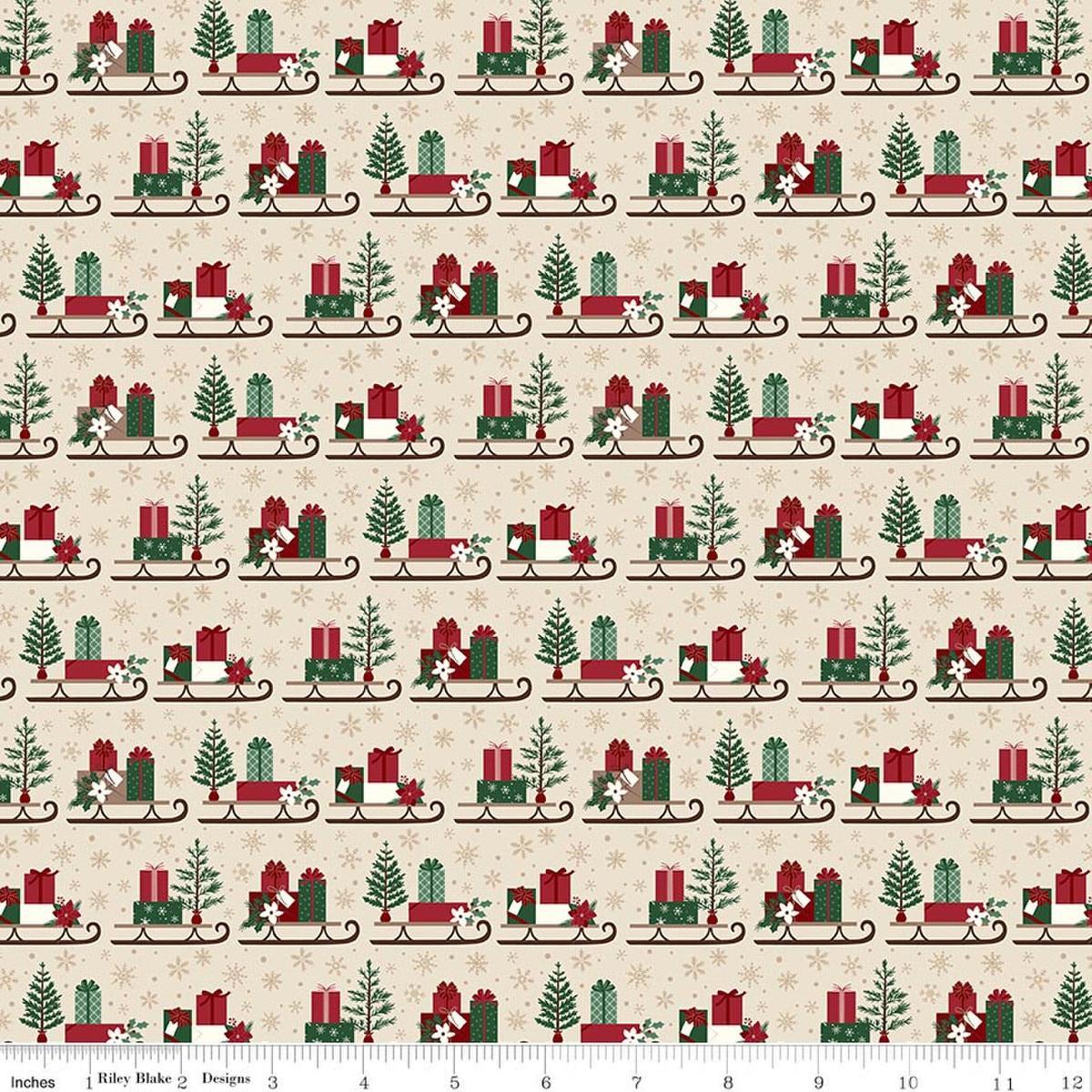 Image of Christmas Time Sleds Linen quilting cotton fabric by Dani Mogstad for Riley Blake Designs. Features presents on a cream background. Cute Little Fabric Shop.
