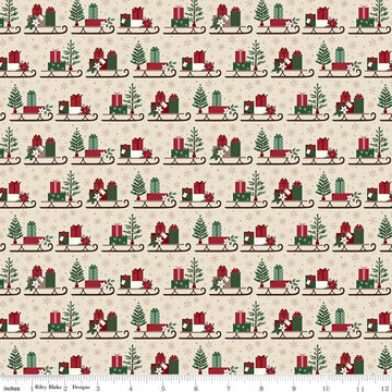 Image of Christmas Time Sleds Linen quilting cotton fabric by Dani Mogstad for Riley Blake Designs. Features presents on a cream background. Cute Little Fabric Shop.