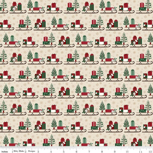 Image of Christmas Time Sleds Linen quilting cotton fabric by Dani Mogstad for Riley Blake Designs. Features presents on a cream background. Cute Little Fabric Shop.