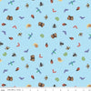Image of Colorful Critters Bug Toss Blue Quilting Cotton Fabric by Official Licensed Product for Riley Blake Designs. Features insects on a blue background. Cute Little Fabric Shop.