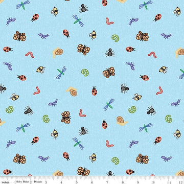 Image of Colorful Critters Bug Toss Blue Quilting Cotton Fabric by Official Licensed Product for Riley Blake Designs. Features insects on a blue background. Cute Little Fabric Shop.