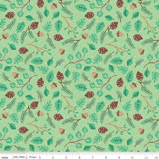 Image of Colorful Critters Botanical Green Quilting Cotton Fabric by Official Licensed Product for Riley Blake Designs. Features leaves on a green background. Cute Little Fabric Shop.