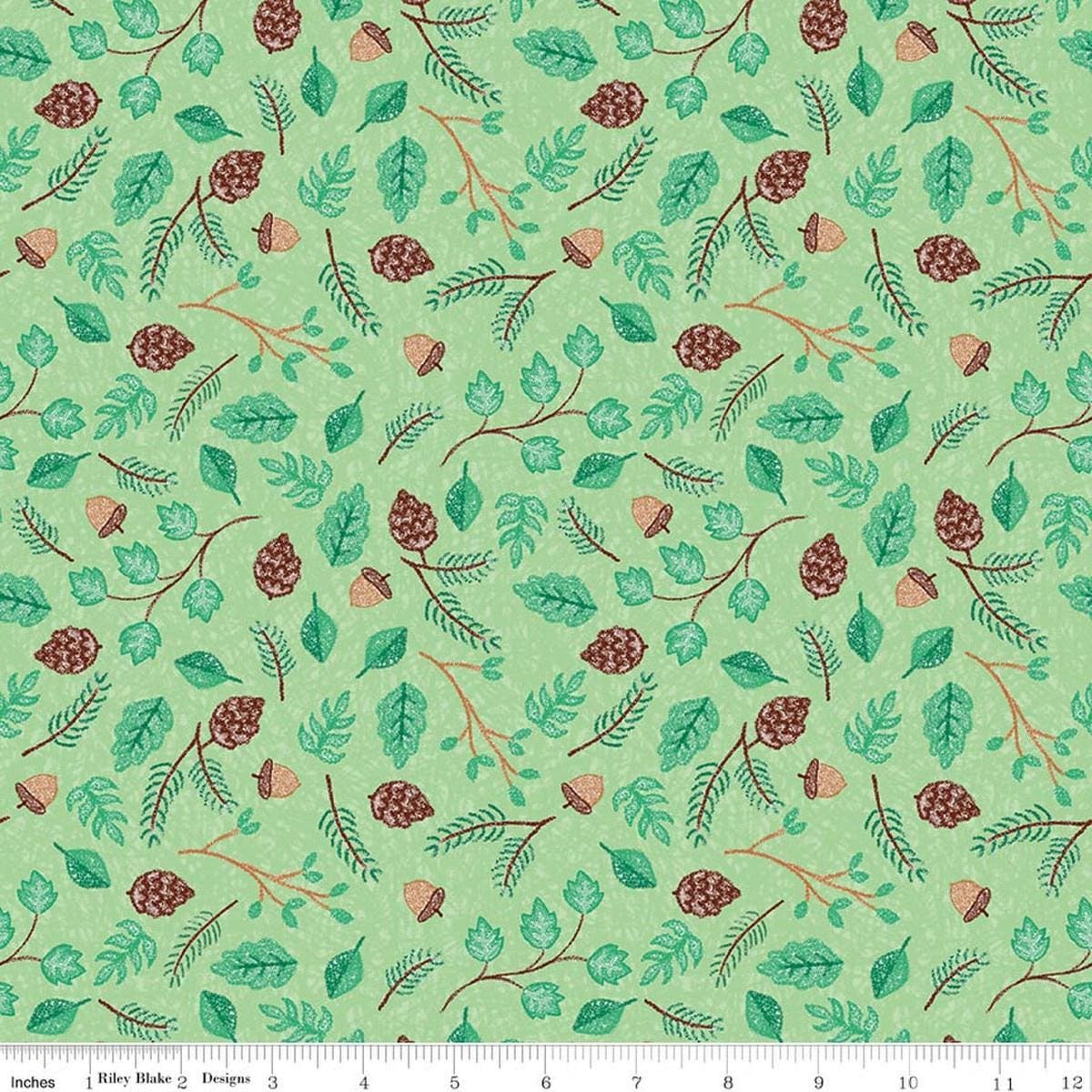 Image of Colorful Critters Botanical Green Quilting Cotton Fabric by Official Licensed Product for Riley Blake Designs. Features leaves on a green background. Cute Little Fabric Shop.