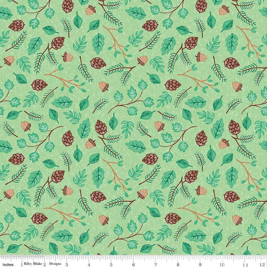 Image of Colorful Critters Botanical Green Quilting Cotton Fabric by Official Licensed Product for Riley Blake Designs. Features leaves on a green background. Cute Little Fabric Shop.