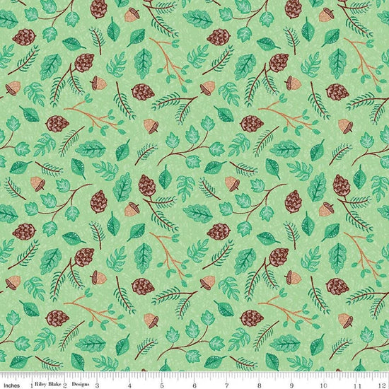 Image of Colorful Critters Botanical Green Quilting Cotton Fabric by Official Licensed Product for Riley Blake Designs. Features leaves on a green background. Cute Little Fabric Shop.