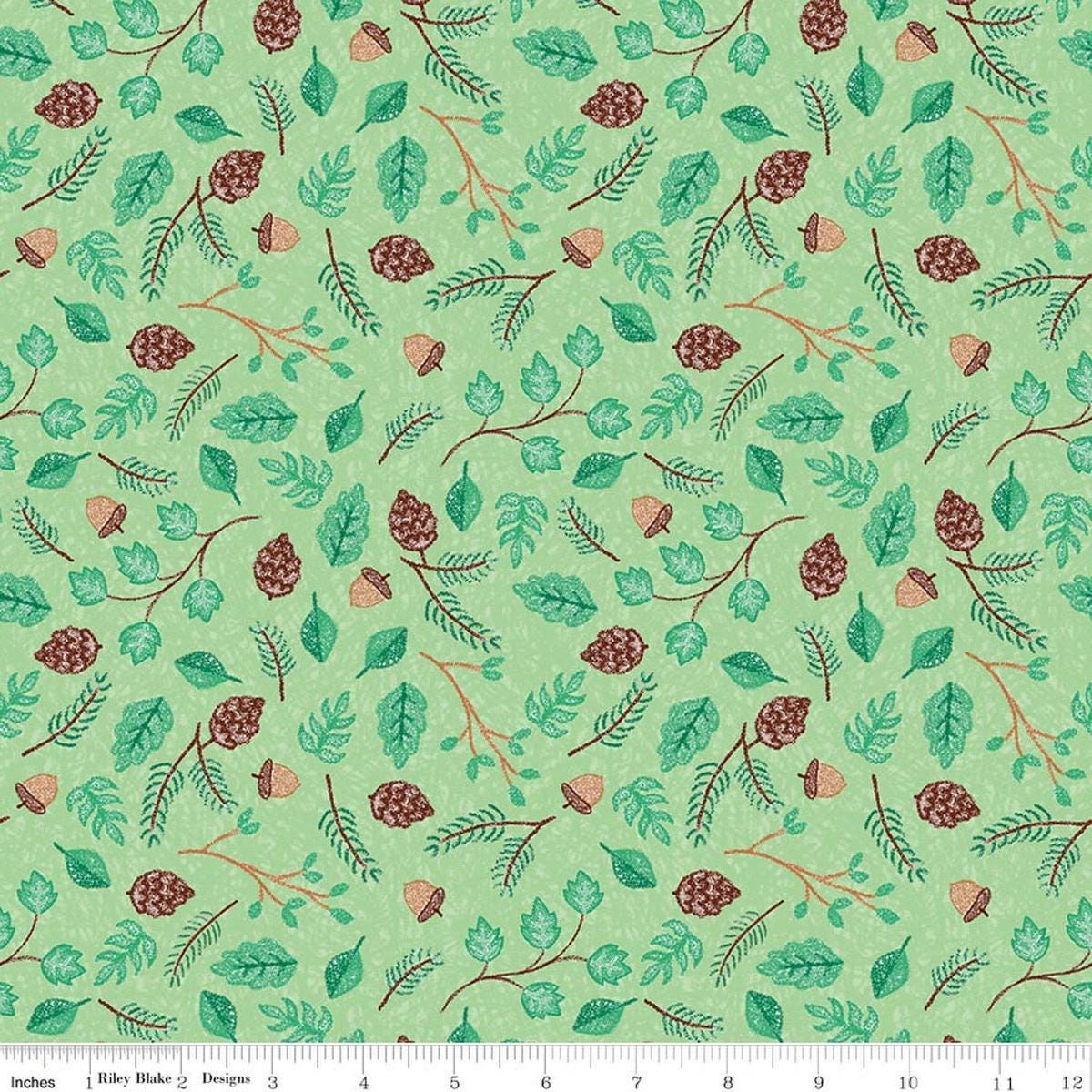 Image of Colorful Critters Botanical Green Quilting Cotton Fabric by Official Licensed Product for Riley Blake Designs. Features leaves on a green background. Cute Little Fabric Shop.