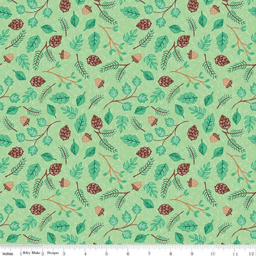 Image of Colorful Critters Botanical Green Quilting Cotton Fabric by Official Licensed Product for Riley Blake Designs. Features leaves on a green background. Cute Little Fabric Shop.