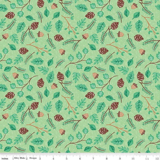Image of Colorful Critters Botanical Green Quilting Cotton Fabric by Official Licensed Product for Riley Blake Designs. Features leaves on a green background. Cute Little Fabric Shop.