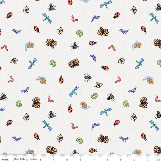 Image of Colorful Critters Bug Toss White Quilting Cotton Fabric by Official Licensed Product for Riley Blake Designs. Features insects on a white background. Cute Little Fabric Shop.
