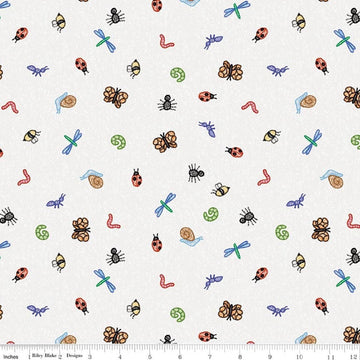 Image of Colorful Critters Bug Toss White Quilting Cotton Fabric by Official Licensed Product for Riley Blake Designs. Features insects on a white background. Cute Little Fabric Shop.