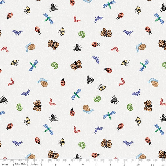Image of Colorful Critters Bug Toss White Quilting Cotton Fabric by Official Licensed Product for Riley Blake Designs. Features insects on a white background. Cute Little Fabric Shop.