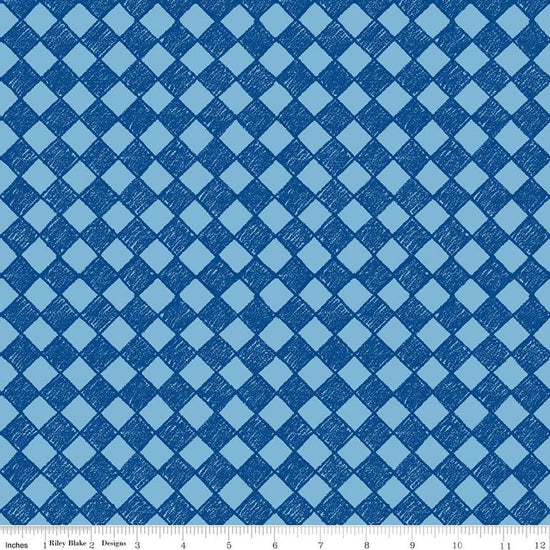 Image of Colorful Critters Check Blue Quilting Cotton Fabric by Official Licensed Product for Riley Blake Designs. Features checks on a blue background. Cute Little Fabric Shop.