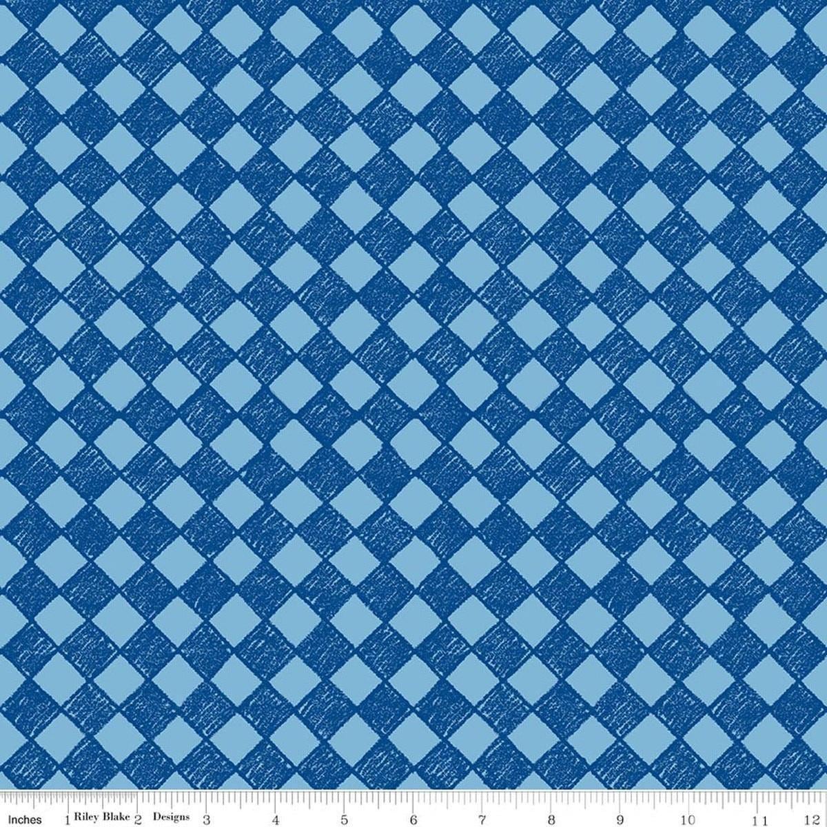 Image of Colorful Critters Check Blue Quilting Cotton Fabric by Official Licensed Product for Riley Blake Designs. Features checks on a blue background. Cute Little Fabric Shop.
