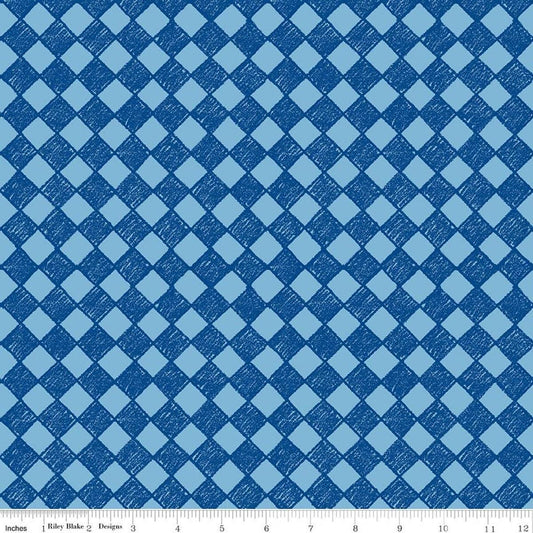 Image of Colorful Critters Check Blue Quilting Cotton Fabric by Official Licensed Product for Riley Blake Designs. Features checks on a blue background. Cute Little Fabric Shop.