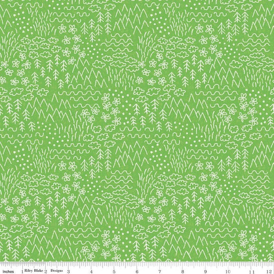 Image of Colorful Critters Sketch Green Quilting Cotton Fabric by Official Licensed Product for Riley Blake Designs. Features crayon drawings on a green background. Cute Little Fabric Shop.