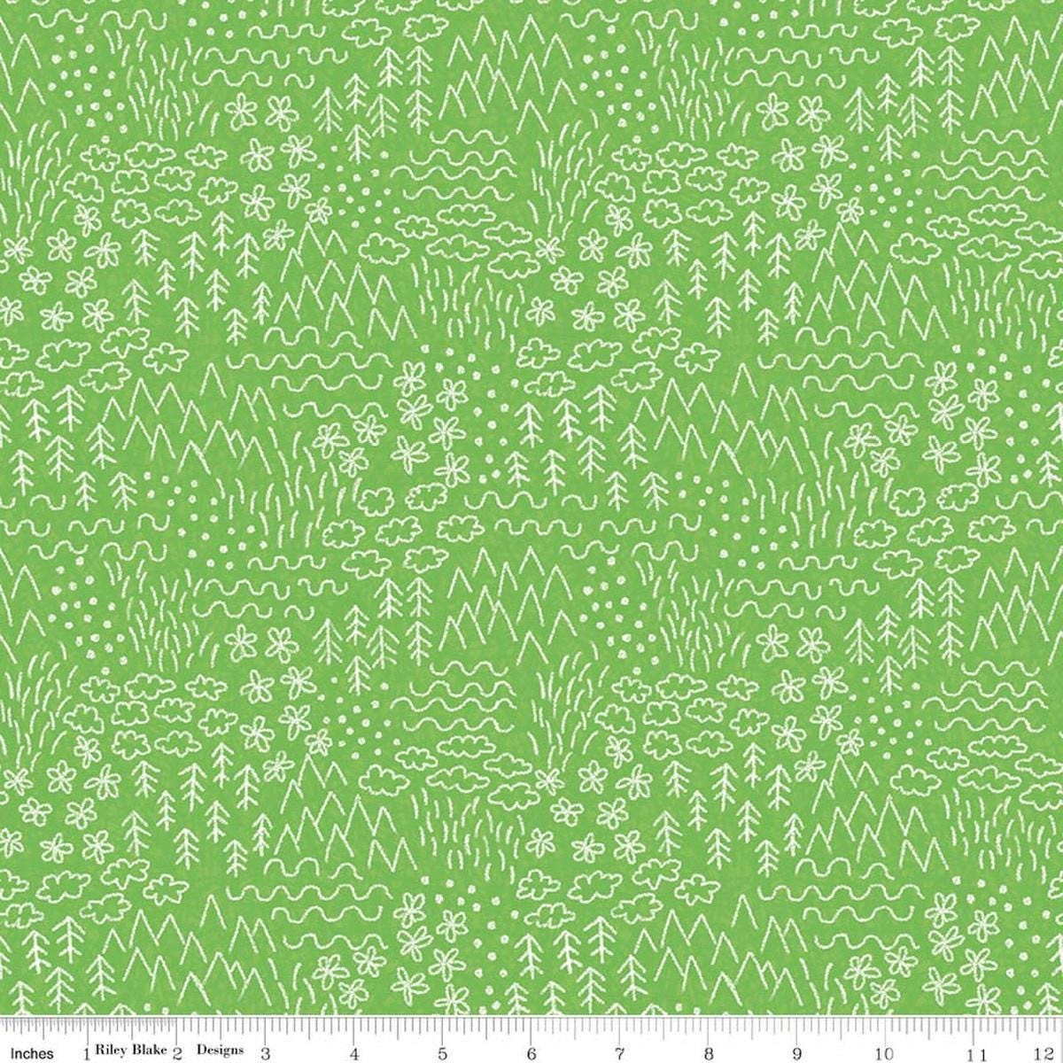 Image of Colorful Critters Sketch Green Quilting Cotton Fabric by Official Licensed Product for Riley Blake Designs. Features crayon drawings on a green background. Cute Little Fabric Shop.